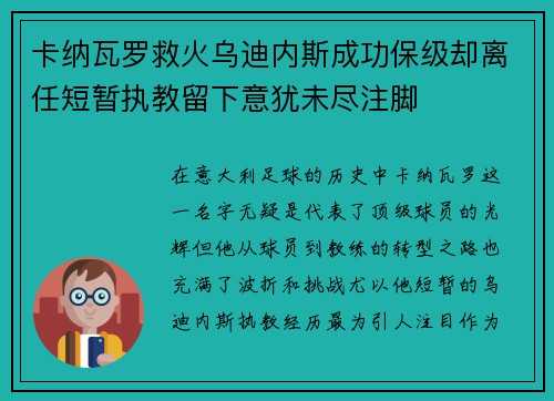 卡纳瓦罗救火乌迪内斯成功保级却离任短暂执教留下意犹未尽注脚